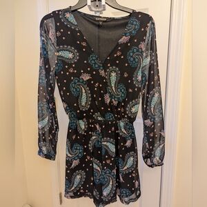 Express Blue and Black Jumpsuit with V-Neck and Bishop Sleeves